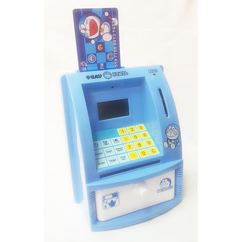 CELENGAN ATM MINI DORAEMON MESIN HITUNG SALDO UANG KERTAS DAN KOIN