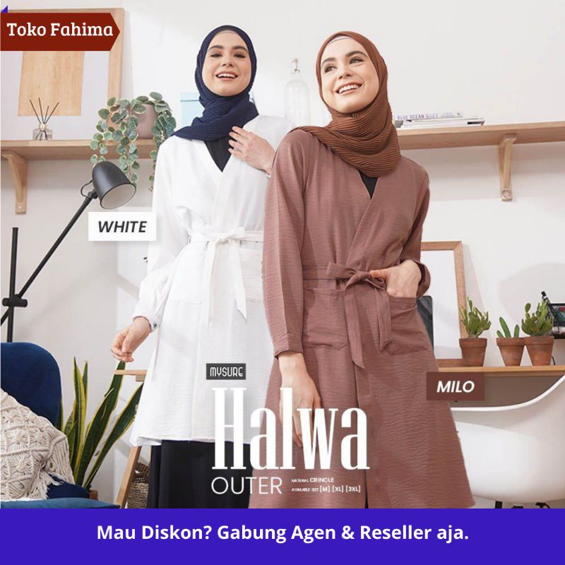 Outer muslimah cardigan crinkle nyaman warna putih milo Halwa brand by Mysure