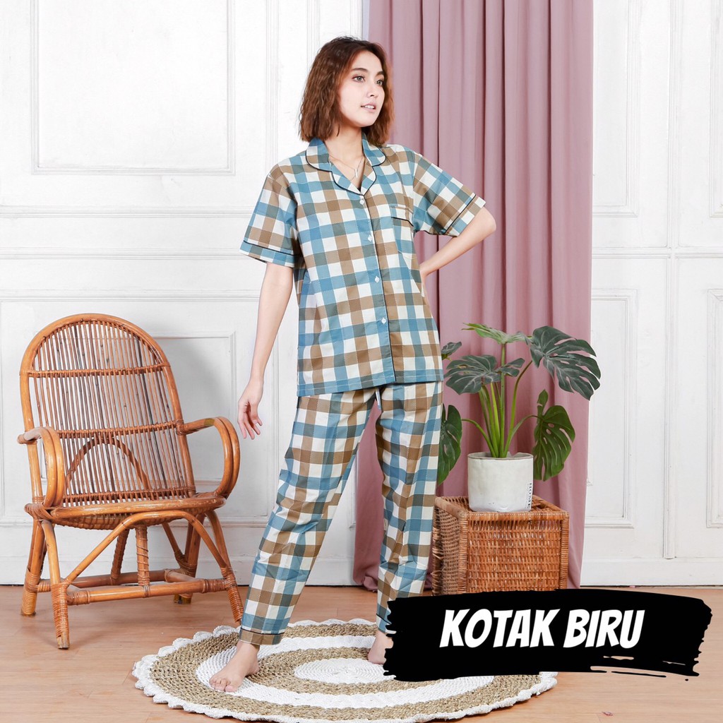 PIYAMA KATUN WANITA - KOTAK / BAJU TIDUR PEREMPUAN / WOMAN PAJAMAS / KOTAK WINE / KOTAK BIRU