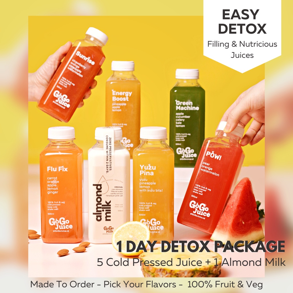 

1 Day Detox Package - GERD Friendly package available 500ML atau 250ML include Almond Milk. Detox Jus Harian Cocok untuk maag