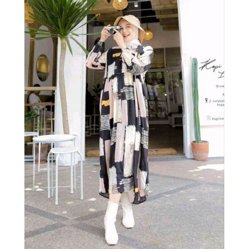 BLACK DRESS RAYON HITAM | GAMIS BUSUI MOTIF ABSTRAK | MAXI KORAN