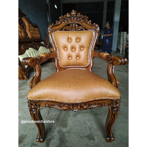 KURSI MAKAN GANESA UKIR LENGAN DINNING CHAIR TERAS JOK SALINA MEWAH BAHAN KAYU JATI NATURAL MURAH-3