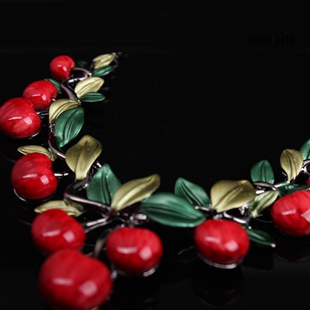 OW@ 1 Set Vintage Red Cherry Fruit Jewelry Set Chic Bridal Necklace Earrings