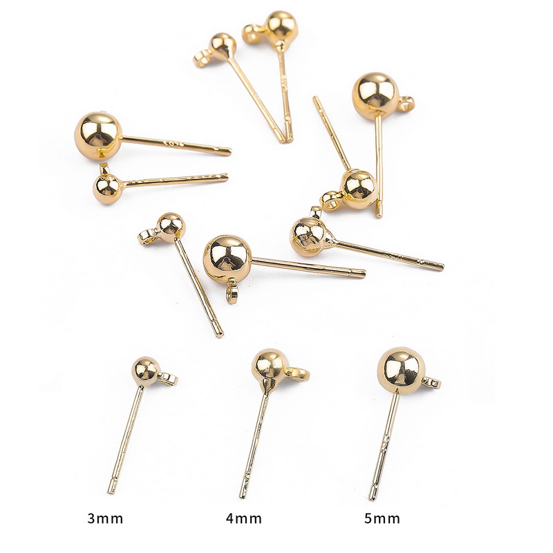 10pcs Anting Stud Bola Bulat Lapis Emas 18k Dengan Konektor Dasar Anting Loop Untuk Membuat Perhiasan