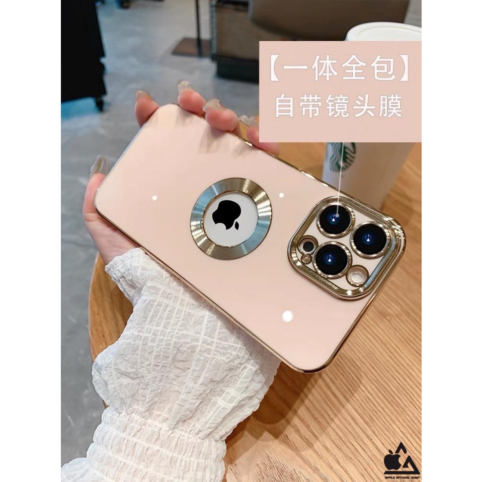 Premium Softcase Square Chrome LOGO BULAT iPhone 13 PRO MAX 12 PRO MAX 11 PRO MAX XR X XS MAX 7 7+ 8 8+ SE 2 3 With Lens Lensa Glass Camera Protector Soft Case Logo Apple List Krom Gold Electroplated Pelindung Kamera Silikon Jelly Clear Cover Bukan Hardca