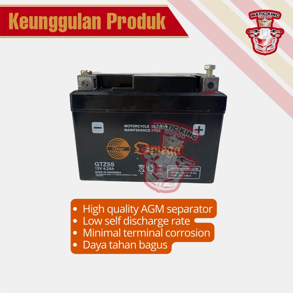 Aki accu GTZ5S 12V 4.2Ah Omega Maintenance Free