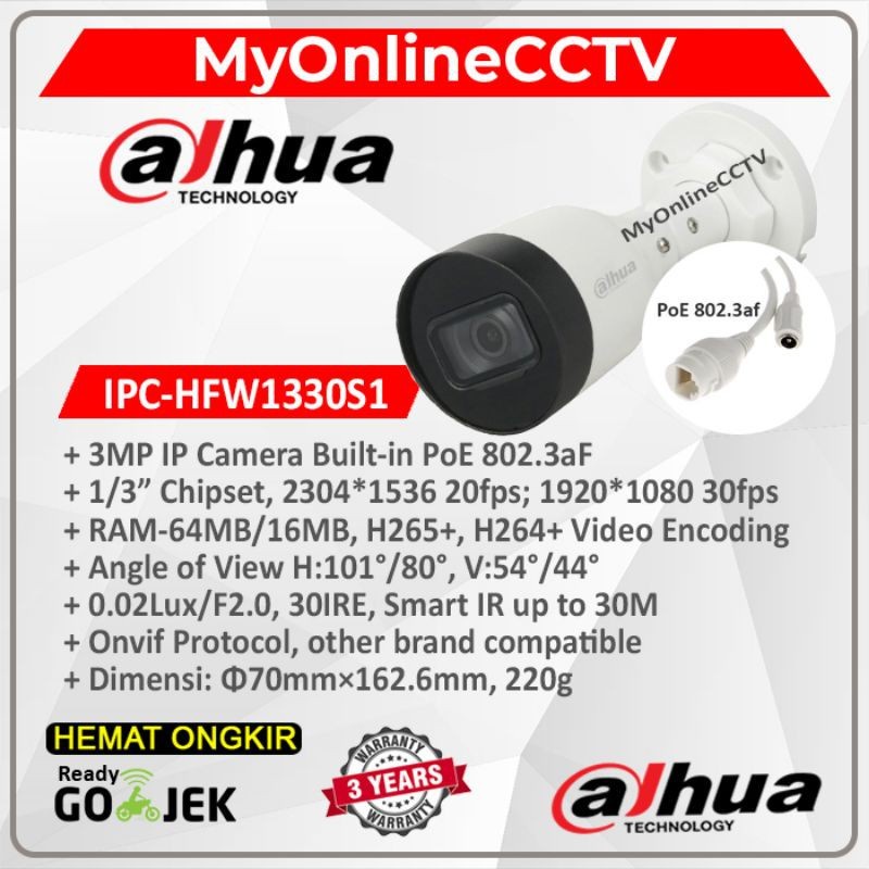 IP CAMERA DAHUA 3MP OUTDOOR HFW1330S1-S4 SUPPORT PoE ORIGINAL DAHUA