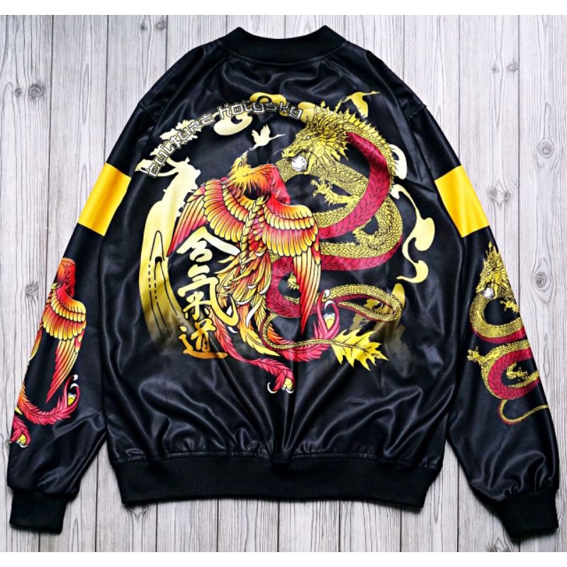 Jaket sukajan varsity black dragon phoenix holysky