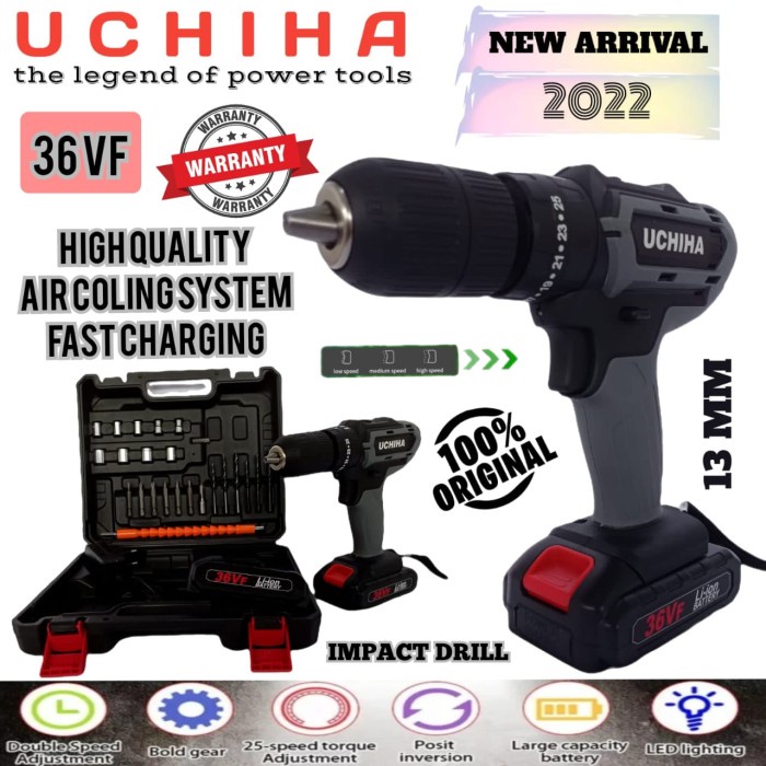 mesin bor cordless UCHIHA 36 v baterai cas charger tanpa kabel obeng