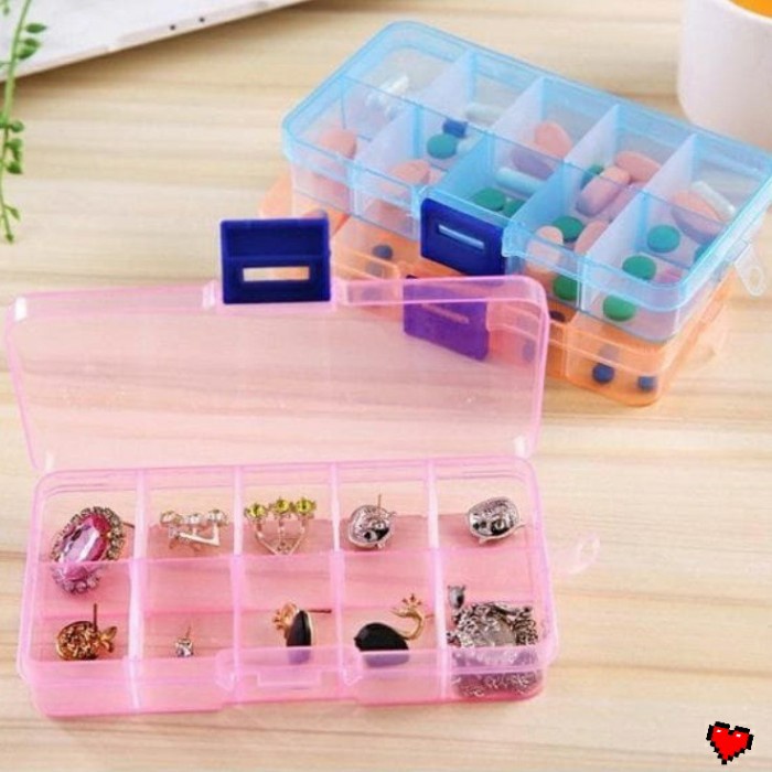 Kotak Plastik Tempat Penyimpanan Obat Kosmetik Manik 10 Sekat Transparan Adjustable  KOB02