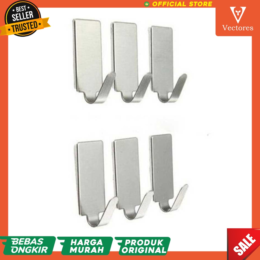 [ASLI] Gantungan Serbaguna Hook Kamar Mandi Baju Wall Adhesive Stainless 6pcs Murah