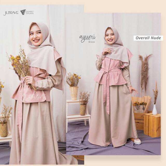 AYUMI DRESS OVERALL NUDE JILBRAVE | 2 IN 1 Style Gamis Syari Set Outer Bahan Katun Jepang