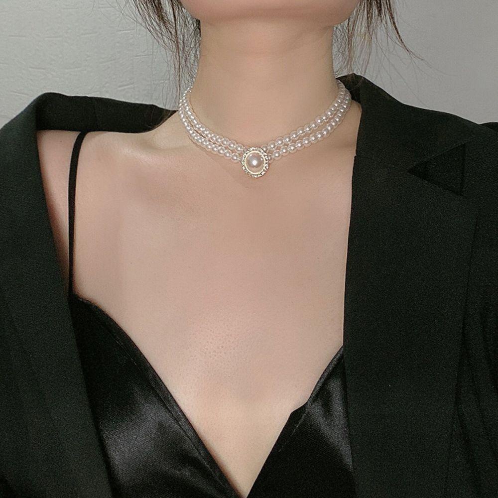 Needway Wanita Kalung Elegan Baroque Mutiara Temperamen Hepburnesque Double-layer Perhiasan Aksesoris