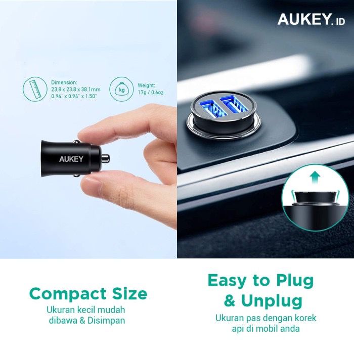 Aukey Car Charger Enduro Duo Series Dual Port 24W - SKU : 501258 / 501245 - CC-Q1 - Garansi Resmi 2 Tahun