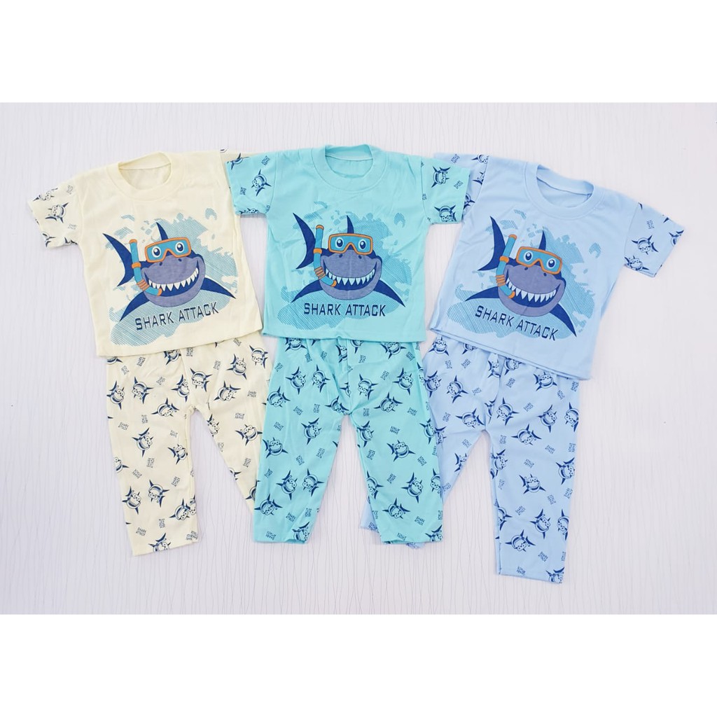 setelan piyama anak celana panjang shark attack / baju tidur bayi cowo hiu