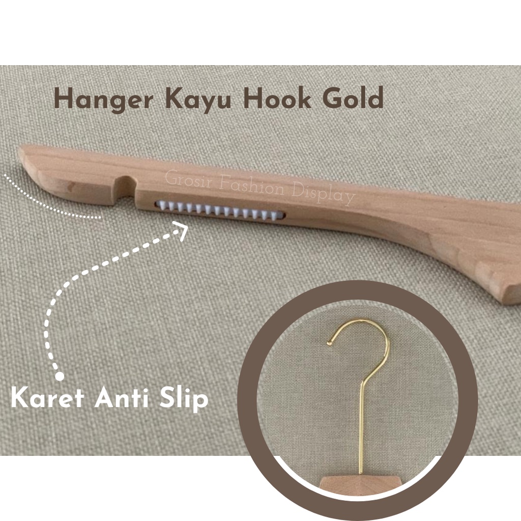 Hanger Kayu Hook Gold Hanger Korea Hanger Premium Gantungan Baju Distro Hook Emas Bisa Costum Grafir Logo Hanger- BH