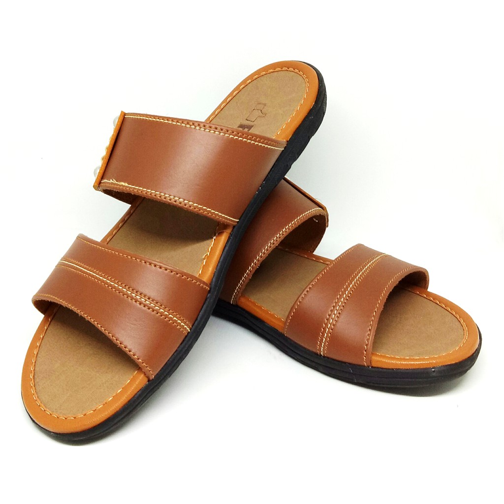 FIURI - Sandal Double Slip On Mocca - Sandal Murah Pria - Sandal Casual - Sandal Pria Kulit