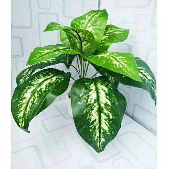 Set bunga plastik daun keladi grup dengan vas pagar Set bunga plastik daun keladi grup dengan vas pagar
