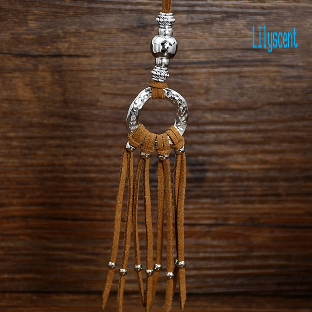 Kalung Choker Panjang Bahan Kulit Imitasi Aksen Rumbai Gaya Bohemian Untuk Wanita