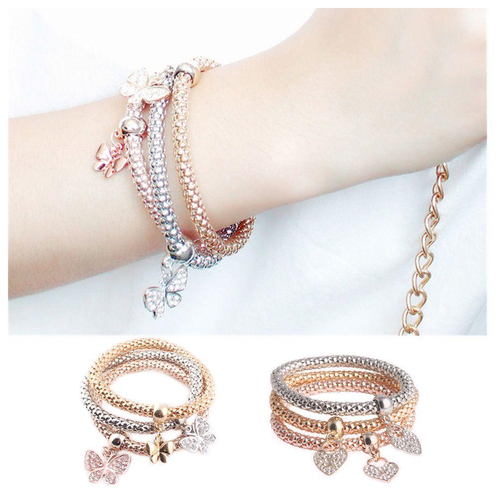 Solighter 3Pcs/set Multilayer Charm Gelang Fashion Susun Chic Liontin Kupu-Kupu/Hati