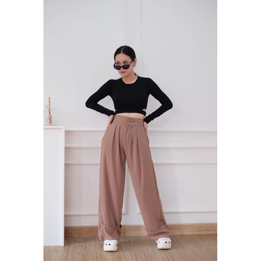 HOPYLOVY - Kulot Highwaist Long Pants Style Korea | Bawahan Wanita | Celana Panjang Wanita Polos | Kulot Highwaist Mega