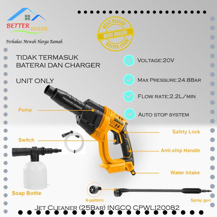 Cleaner | Jet Cleaner Cordless 20V (25Bar) Ingco Cpwli20082 Unit Only