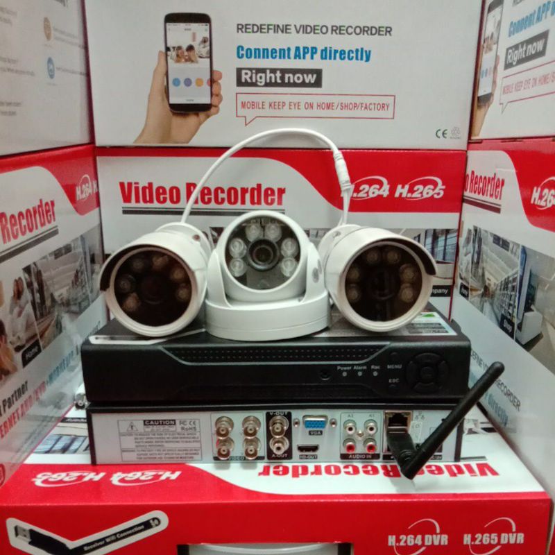 PAKET CCTV DVR 4 CHANNEL WIFI 2560P DENGAN 3 CCTV AHD 5MP 1080P KOMPLIT