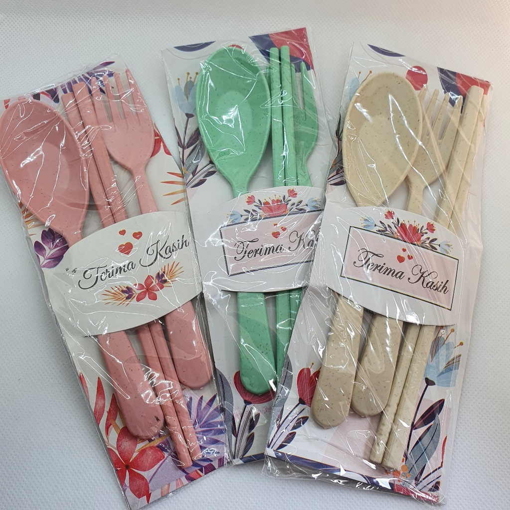 Souvenir Wedding Ultah Aqiqah Sendok Garpu Sumpit Wheat Straw Plastic Kemas Plastik + Ucapan Terima 