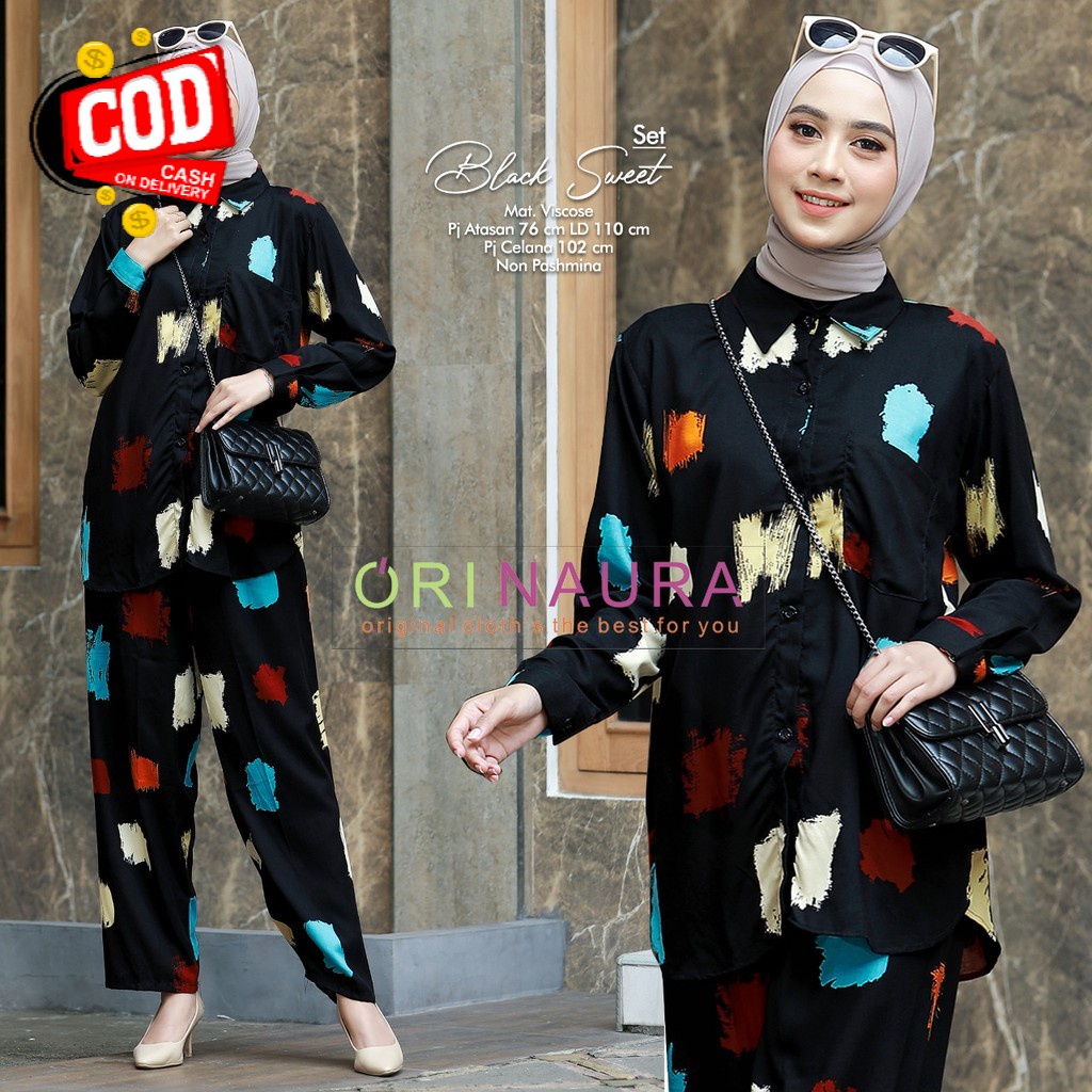 SETCEL WANITA MUSLIM ORI NAURA + BLACK SWEET SET Fashion Baju Wanita