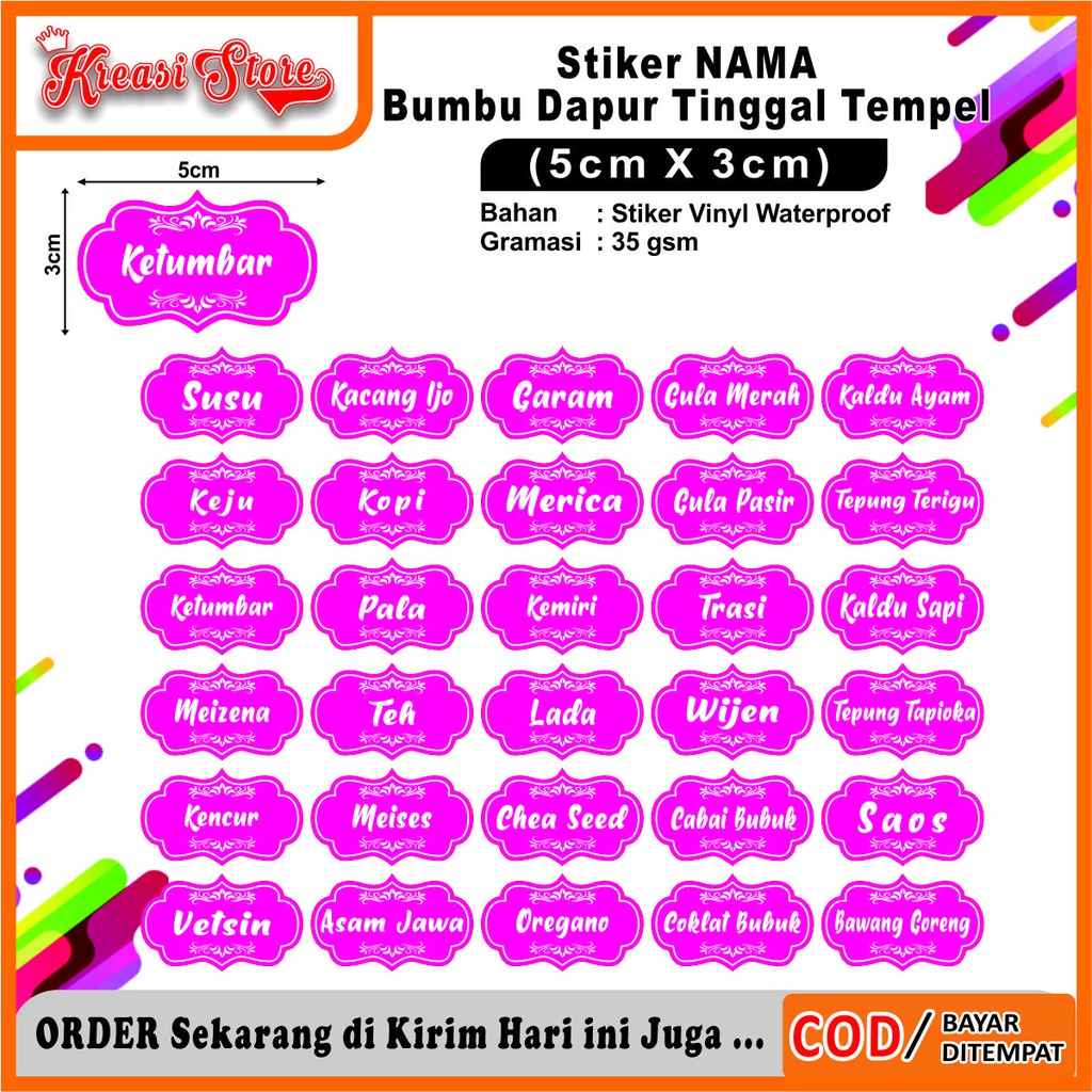 

COD✔ Stiker Label Nama Bumbu Dapur Tahan Air Isi 30 Pcs ukuran 3x5cm
