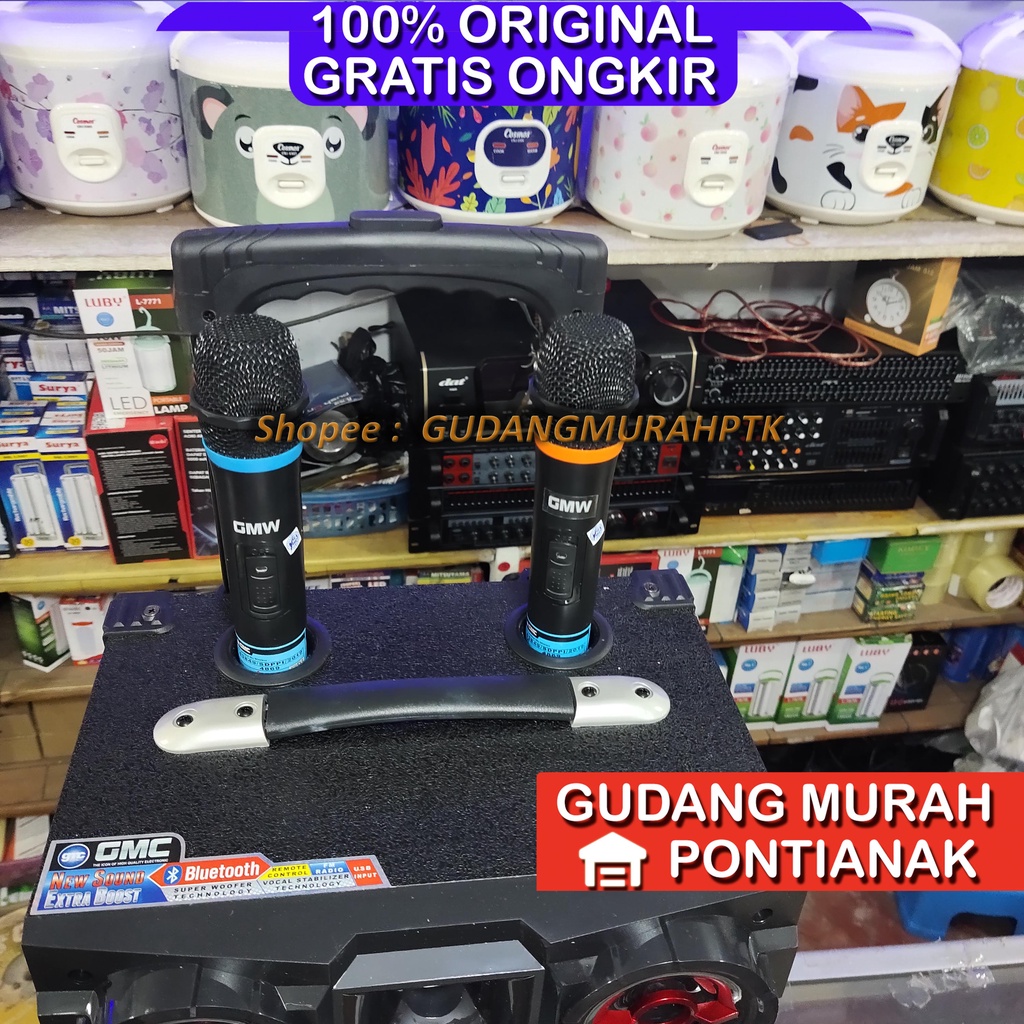 Speaker Portable Bluetooth GMC 897T bonus 2 mic Wireless salon charge Suara Mantap Nyaring Troli roda Troly