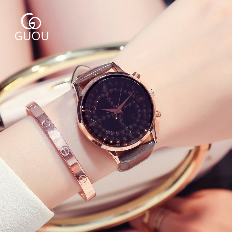 GUOU 2022 Baru Fashion Wanita Jam Kuarsa Kepribadian Berlian Imitasi Besar Dial Temperamen Gadis Belt Watch