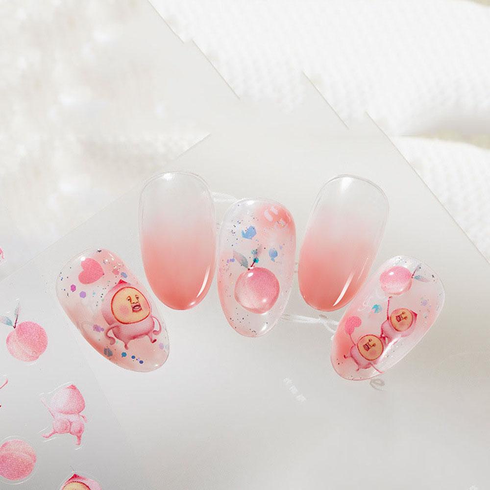 AUGUSTINA Agustin 3D Kuku Stiker Musim Semi Musim Panas Baru Indah Lucu Peach Buah Strawberry 5D Tipis Tangguh Kartun Cherry Manicure Aksesoris Perekat Diri Stiker