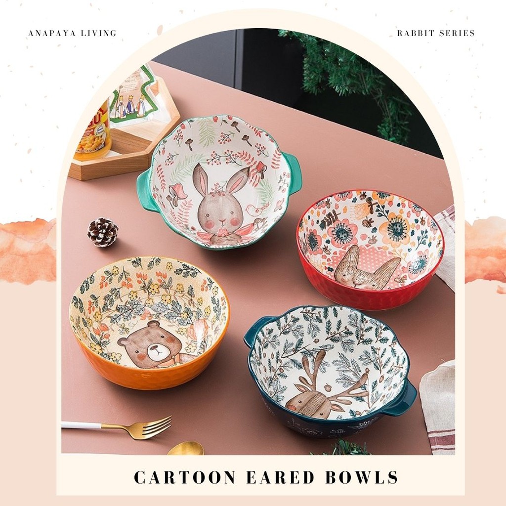 Cartoon Eared Bowls, Mangkok Keramik, Mangkok Lucu, Mangkok Cantik, Mangkok Unik