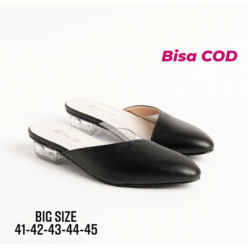 Sepatu Bustong Wanita Big Size 41-45 / Sendal Slop Hitam Putih hak kaca / sandal sepatu cewek formal pesta ukuran jumbo-besar