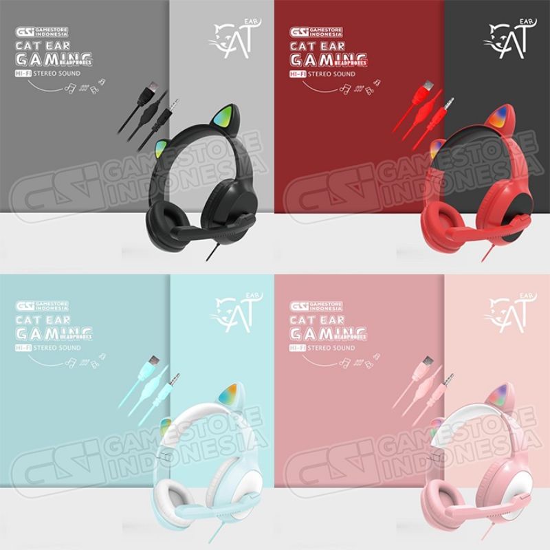 Headset gaming kucing lucu LED bisa nyala