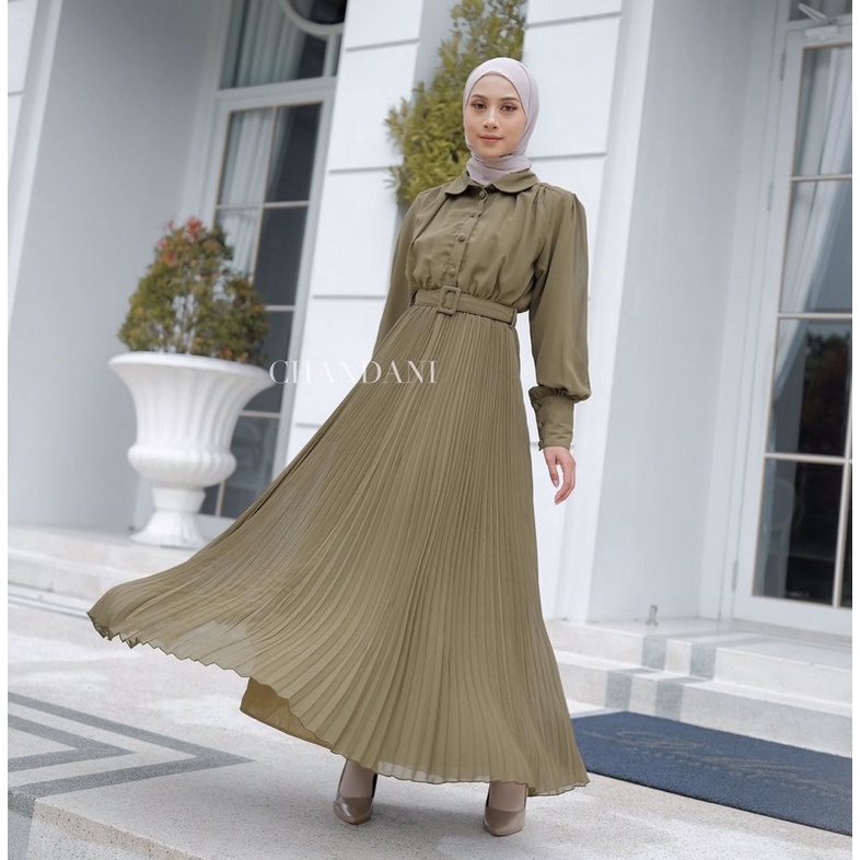 chandani.id • AMBERLEY DRESS OLIVE | Dress plisket kebaya wisuda seragam couple arisan kondangan