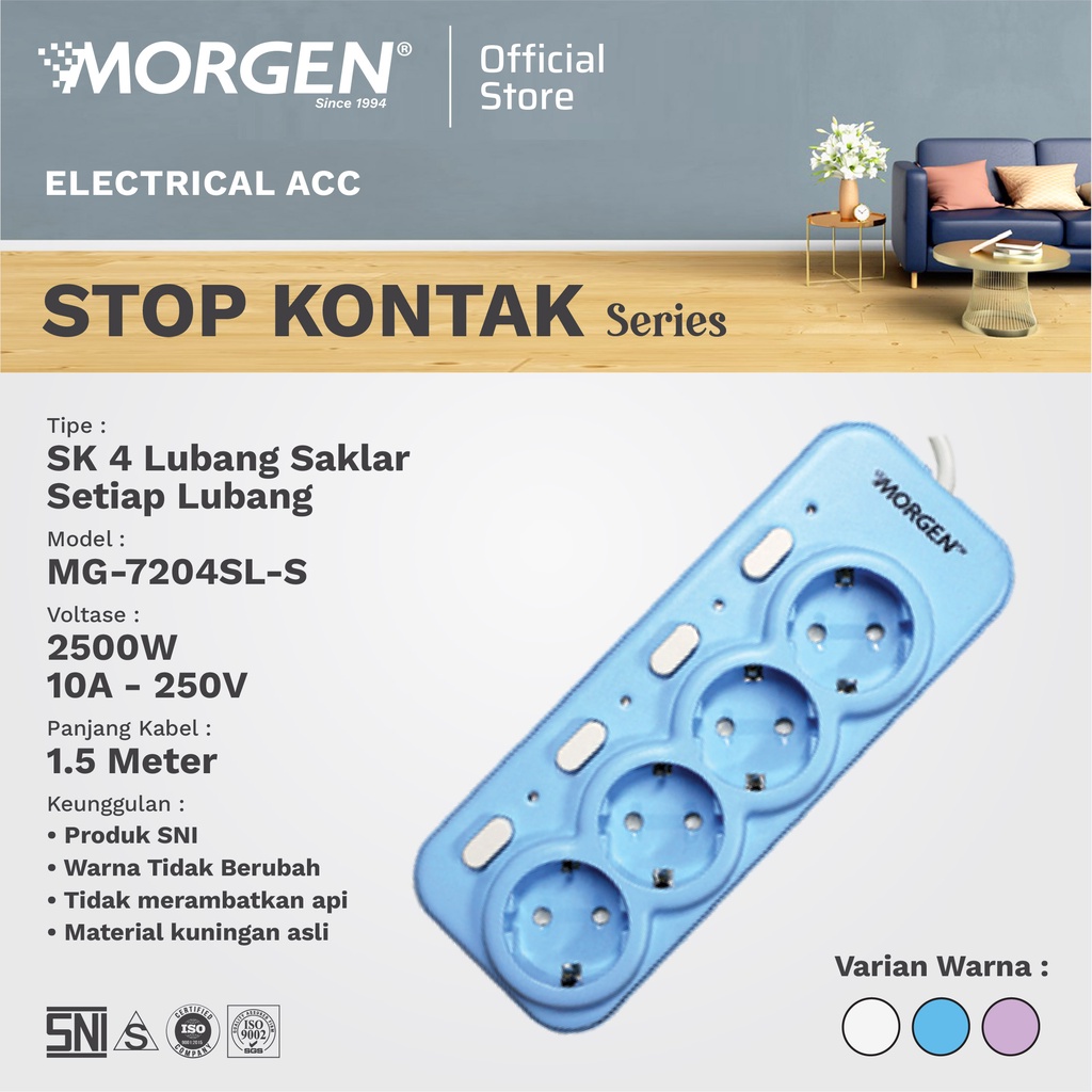 Morgen Stop Kontak MG-7204-SL-S 4 Lubang + 4 Saklar + Kabel 1,5 Meter