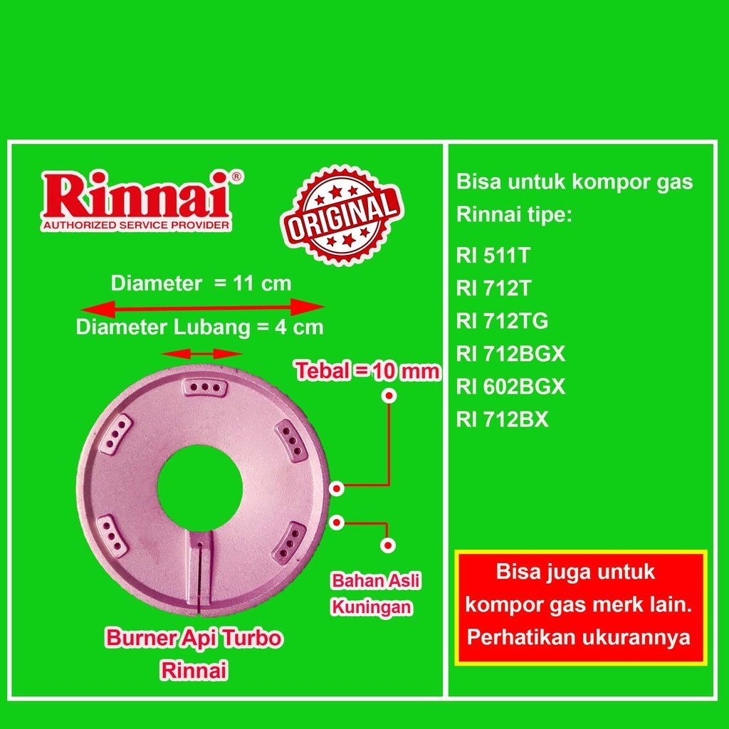 Burner Kompor Gas Rinnai Kecil Besar Tebal Tornado Turbo Api Lilin Original Burner Rinnai Kuningan Kepala Tungku Kompor Gas Rinnai RI 511E 512E 514E 522E 522ET 522C 522CE 602E 603E 511A 514A 522A 522AT 602A 602AG 712A 511T 712T 712TG 712BGX 602BGX 712BX