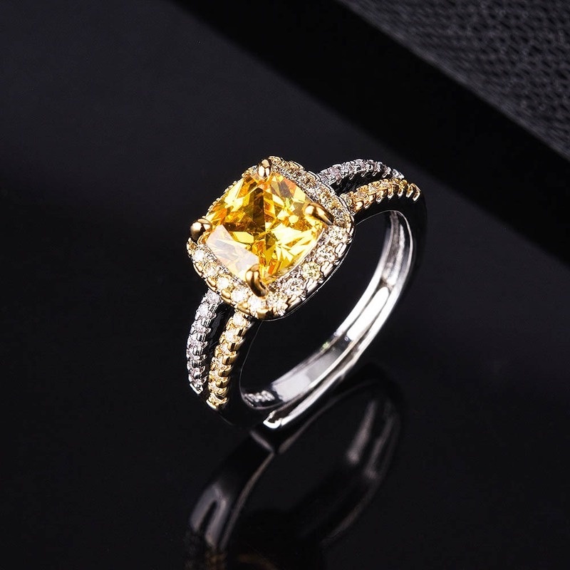 Fashion Creative Double-Layer Full Diamond Yellow Diamond Princess Square Open Ring