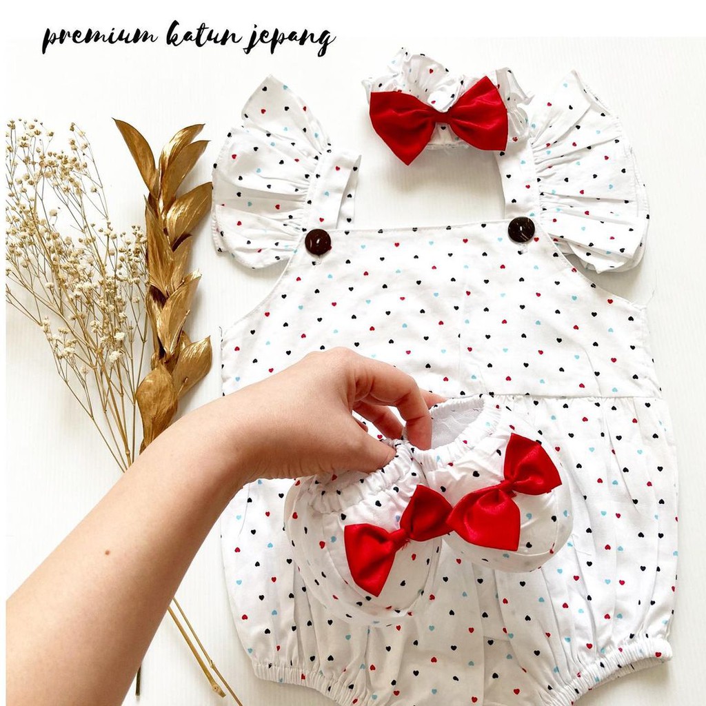 Cheerful Kancing 2 / MICHA / EMMA CHERRY BLOSSOM Baju Setelan Jumper Rok Bunga Bandana Sepatu Pergi Lucu Fashion Anak Bayi Cewek-LOVE CHEERFUL PUTIH