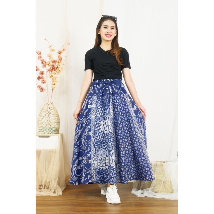 Rok Batik Cap Indigo Motif Seling Biru Kombinasi Bawahan Formal Wanita Casual Kantoran Katun Premium