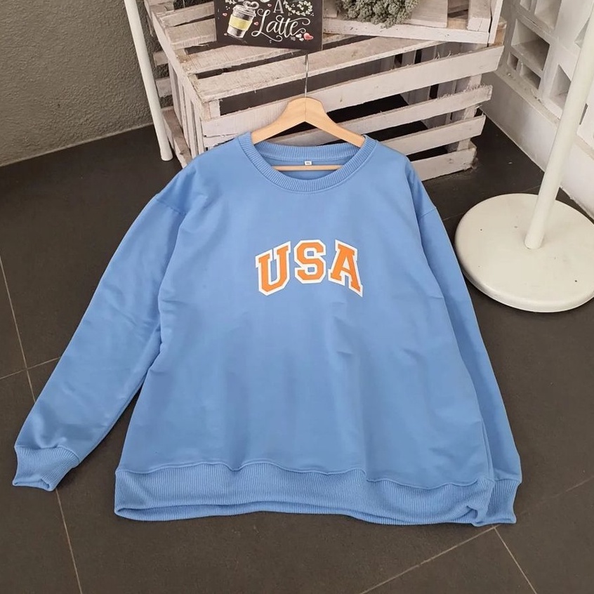 Sweater Crewneck Blue Sky USA Casual Style Bahan Fleece