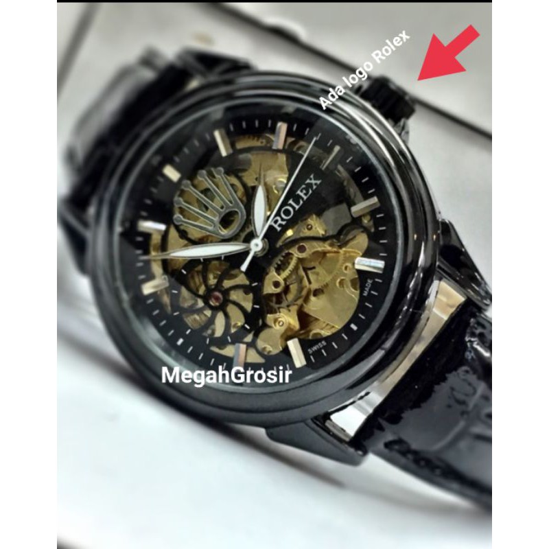BISA COD Jam Tangan Rolex  Skeleton  Kulit  Otomatis  Automatic  Full Black  Pria  Wanita