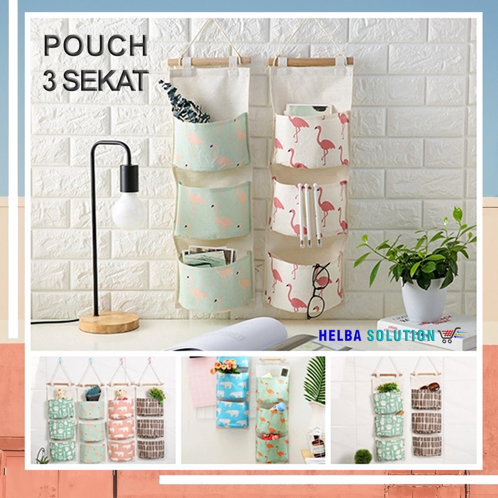 Pouch Gantung 3 Sekat Kain Kanvas Tempat Penyimpanan Aksesoris Pernak Pernik Hanging Rack Hiasan Dinding Serbaguna