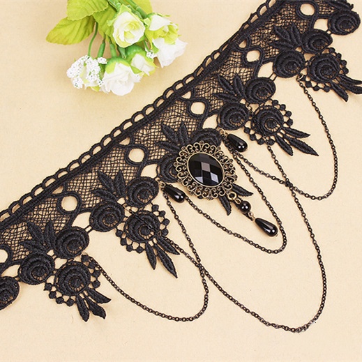 Women Lace Flower With Tassel Metal Chain Choker Necklace 8513