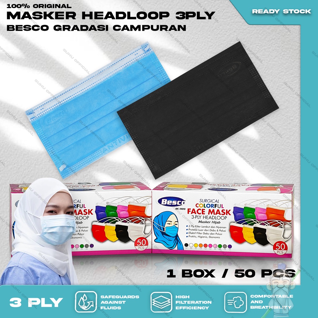 Masker Hijab Medis 3Ply BESCO isi 50 Warna Biru Hitam Hijau Abu Putih Headloop Surgical Mask Kemenkes