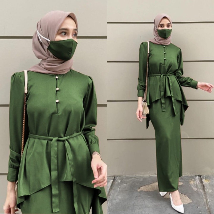 Gamis Terbaru Setelan Celana Wanita Atasan Busui Kancing Rok Span Free Masker Formal - Army