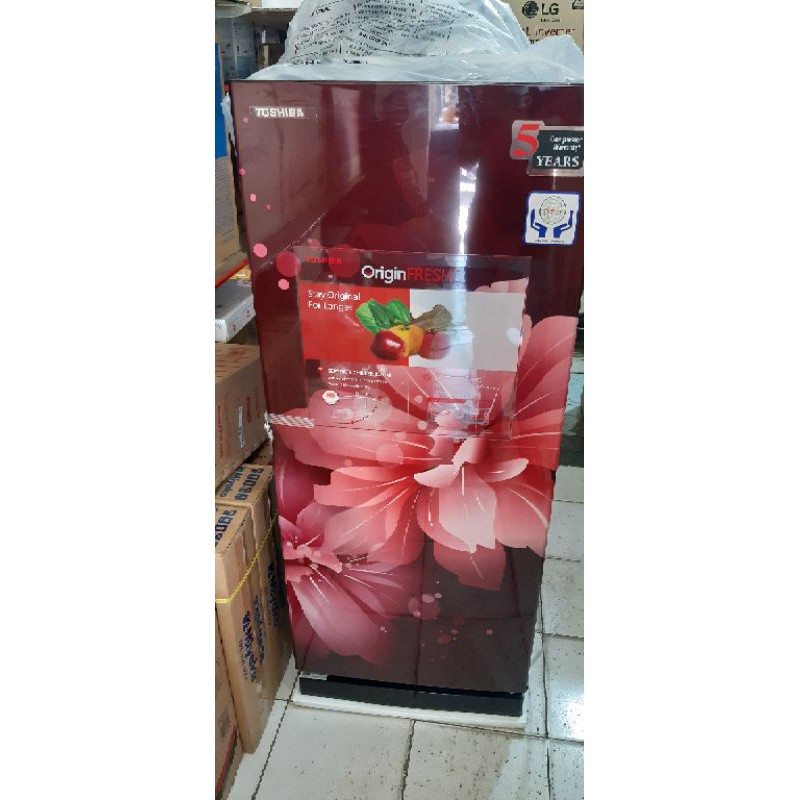 kulkas toshiba 235cc motif bunga low watt, semi defrost
