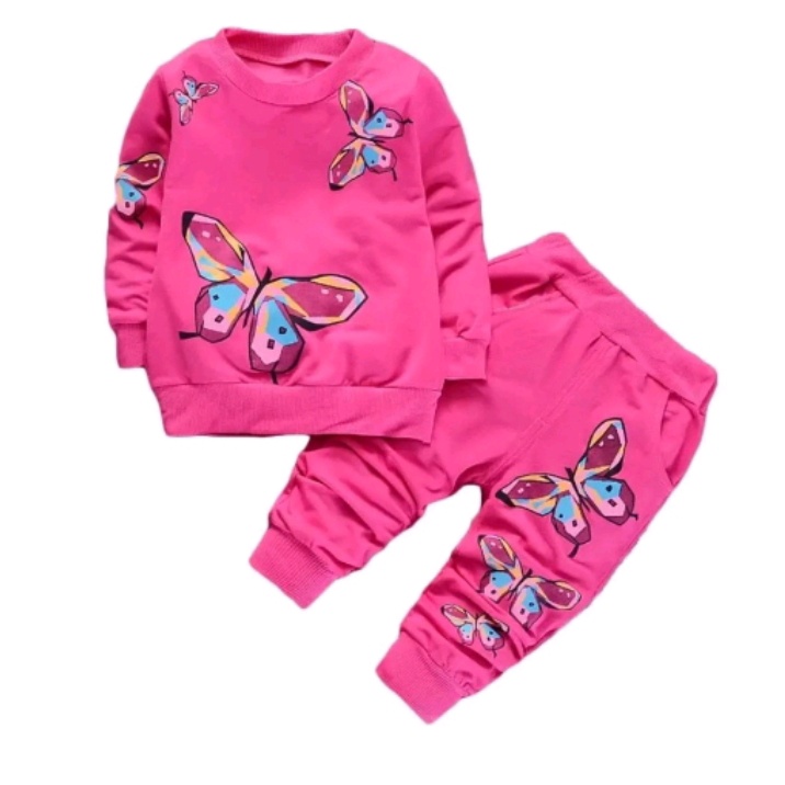 FLECE SET | PROMO-SETELAN SWEATER ANAK PEREMPUAN SWEATER KUPU-KUPU 2 WARNA 1-5 TAHUN - PINK-PINK FANTA